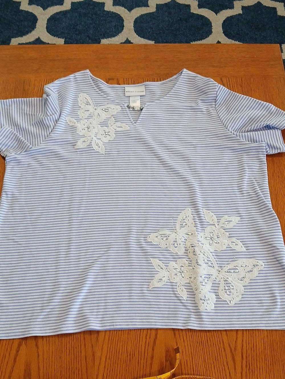 St. John's Bay Light Blue Striped Short Sleeve Top with White Lace Applique